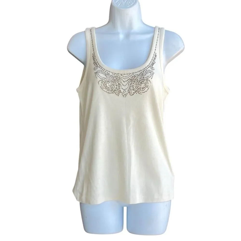 LAUREN RALPH LAUREN Tank Top Women’s M Ivory Embellish Beaded Knit Sleeveless